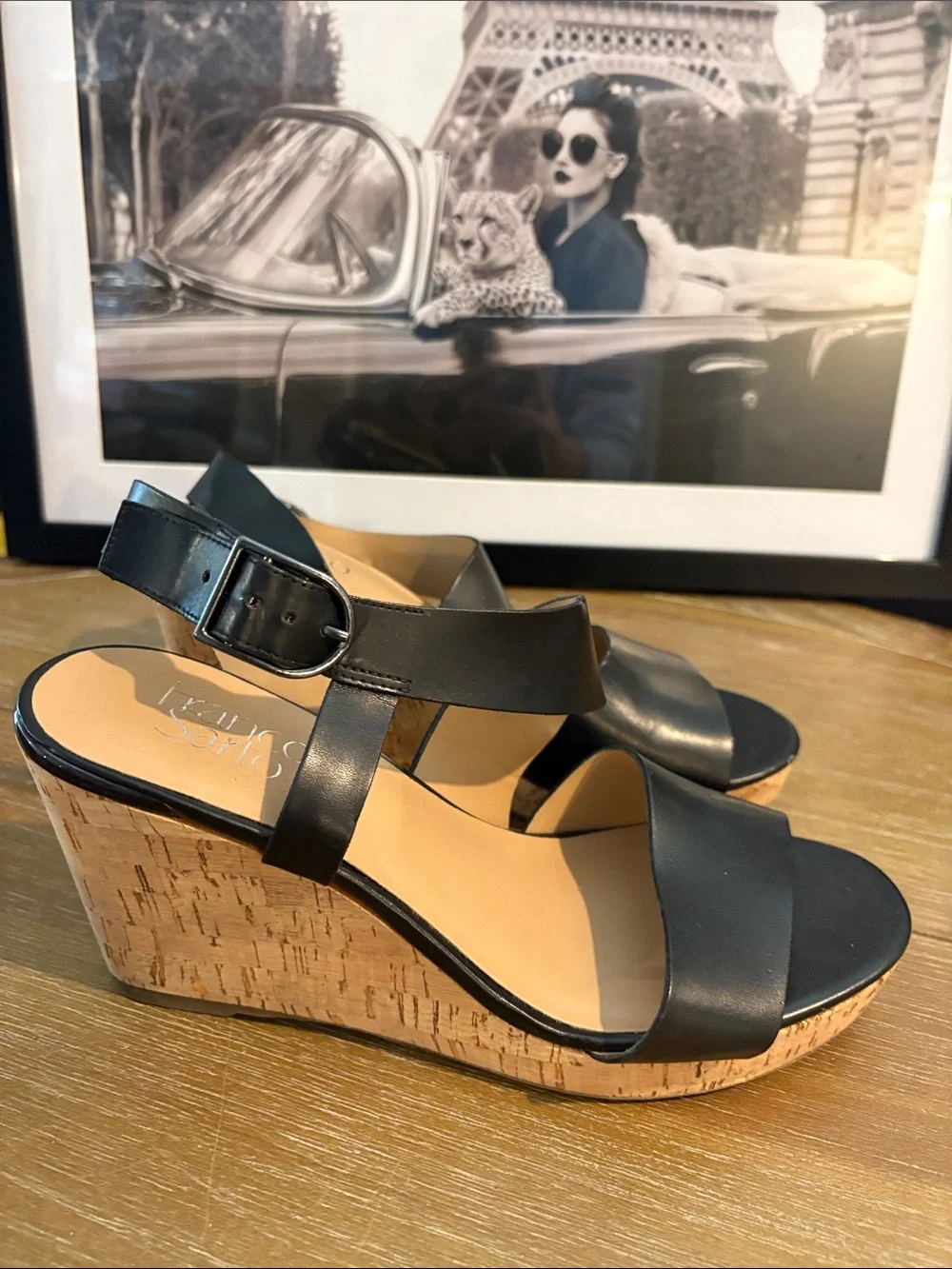 Franco Sarto Black Cork Wedge Sandals